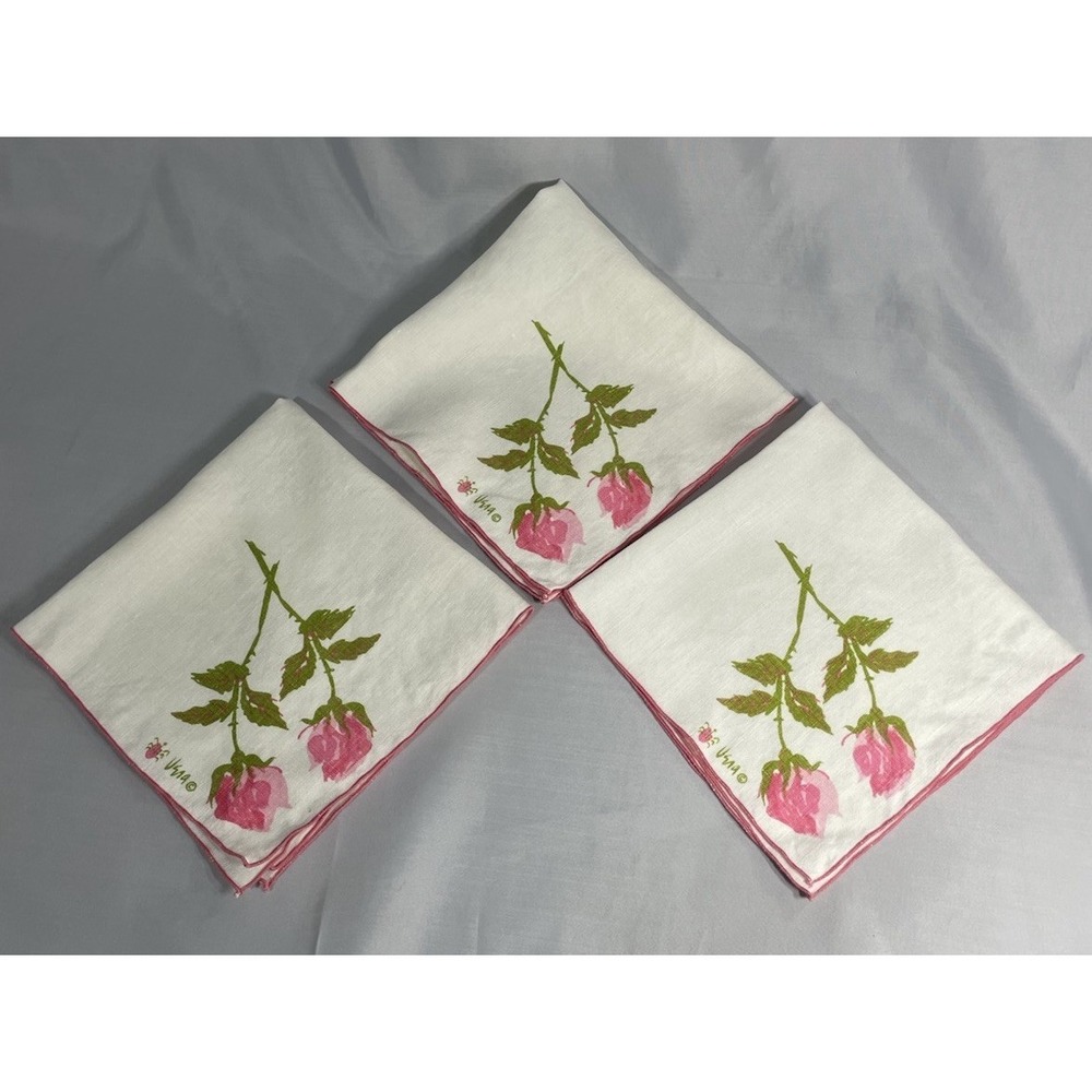 Vintage Vera Neumann Ladybug Pink Rosebud Roses Linen Table Napkins Set of 3